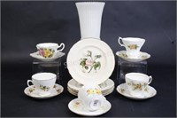Bone China Tea Cups & Milk Glass Pedestal Vases