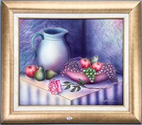 Signed Giclee on Canvas Fruit and Rose Still Life