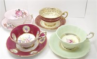 4 PAIRS VINTAGE PARAGON DECORATED CUPS & SAUCERS