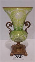 GORGEOUS CUT-TO-CLEAR HANDLED URN VASE WITH BRASS
