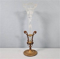 Victorian Cast Iron & Etched Glass Vase