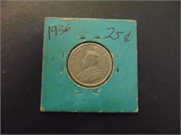 1936 Canadian 25 Cent Coin