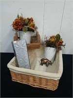 16x 15x 6.5 in wicker basket with small wooden