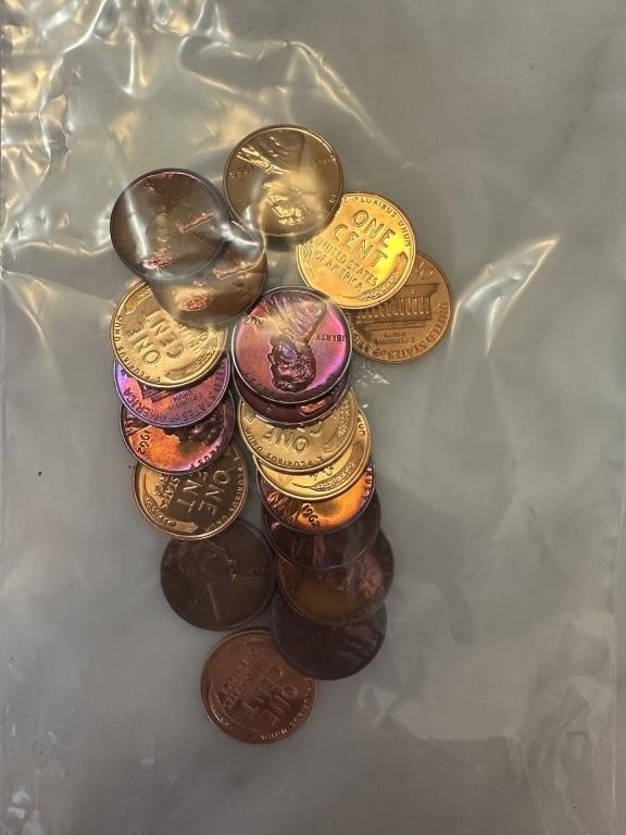 BAG OF 19 MIXED PROOF GEM CENTS SOME RAINBOWED