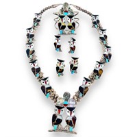 Zuni Inlay Sterling Owl Squash Blossom Jewelry Set