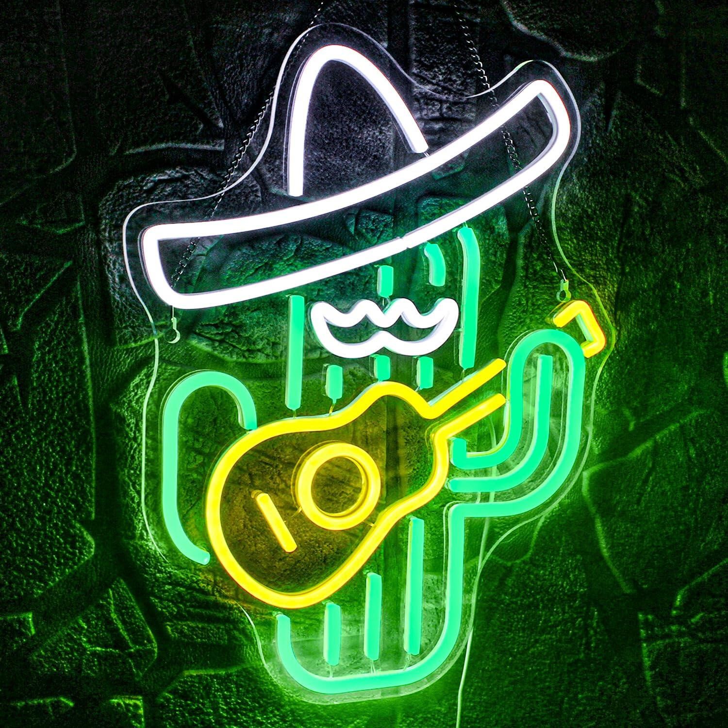 WLHOPE Cactus Neon Sign Cowboy Hat Neon Signs Gree