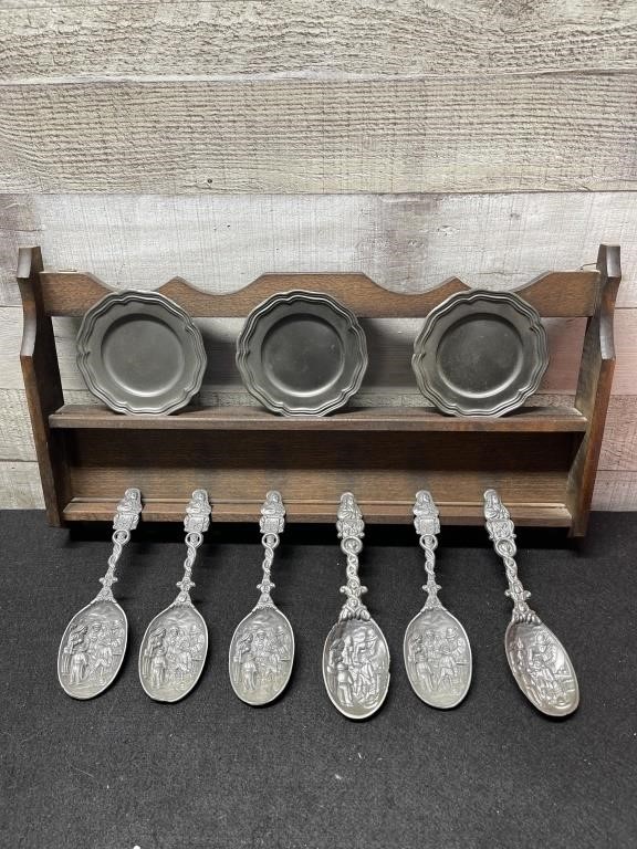 Dutch Pewter Display Stand With Plates, Spoons Etc