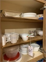 2 shelves of coffee mugs, dishes, misc