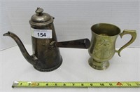 Vintage Silver Plate Tea Pot & Brass Cup