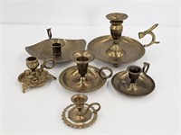 6 HANDLED BRASS CANDLE HOLDERS