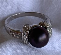Sterling Silver Ring w/ Black Pearl & White Stones
