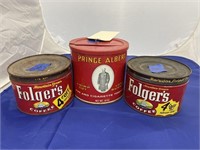 2 Folgers Tins & Prince Albert Tin