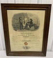 framed 1856 Fireman service certificate