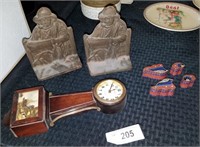Antique Windup Clock, Bookends, Pill Boxes