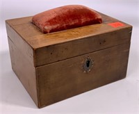 Satin wood sewing box, pin cushion top, mirror