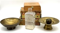 Glass Dice Shaped Bottle 8”, Brass Bowls, Brass