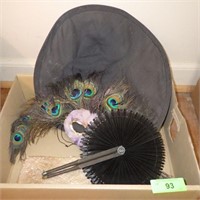 FEATHER MASK, WITHCES HAT, HAND FAN, SEQUIN CLUTCH