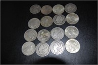 16 Morgan & Peace silver dollars: 1922, 1900