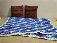 (2) Pillows  and Crochet Blanket