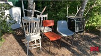 3 Wood Chairs, 2 Poly Chairs & 2 Stacking Chrome