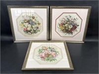 Floral Bouquet Octagonal Lithographs Framed