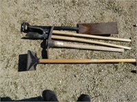 Shovel, post hole digger, pic axe and tamper