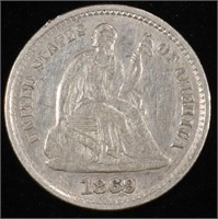 1869-S SEATED LIBERTY HALF DIME CH AU, SCARCE