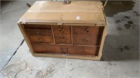 wooden chest with metal handles, built in drawers