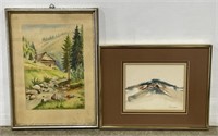 (RK) 2 Watercolor Barn Paintings 11 1/2” x 16”