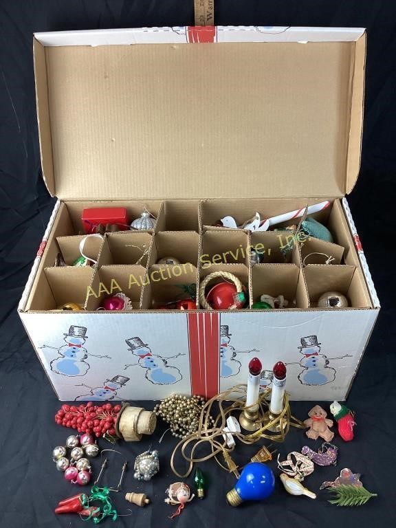 Christmas ornament assortment in storage box