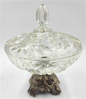 Glass Compote w/ Lid on Metal Base 8"