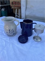 Granite ware percolator and crock pitcher signed