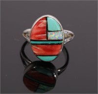 KY ORTIZ NATIVE AMER STERLING TURQUOISE CORAL RING