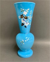 Hand Blown Blue Floral Decorated Vase 11 1/2"
