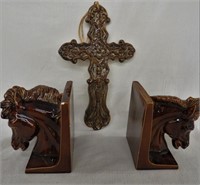 CERAMIC HORSE HEAD BOOKENDS & CROSS WALL HANGING