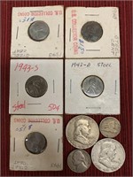 9 coins 1858 flying eagle cent,1952,56 Franklin