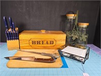 Bread box, cutting board, knives & canisters