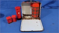 Vintage Plaid Lunch Box w/Thermos, Metal Post Box