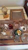 Assorted Glass, Antique Frame, Bulbs, Oil Lamp