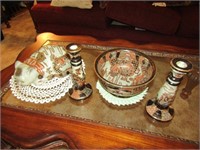 oriental cat,bowl & candleholders
