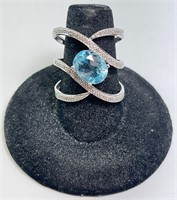 Sterling Blue Topaz/Diamond Ring 7 Grams Size 7.5