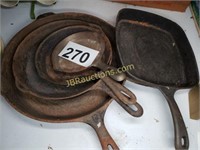 SQUARE GRISWOLD & 4 OTHER CAST IRON SKILLETS