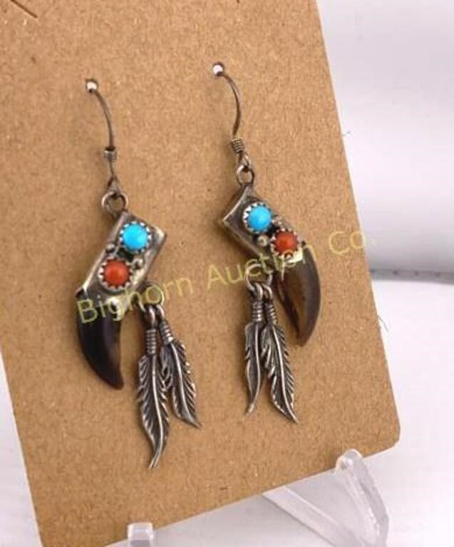 Native Earrings, Claws, Turquoise, Red Coral