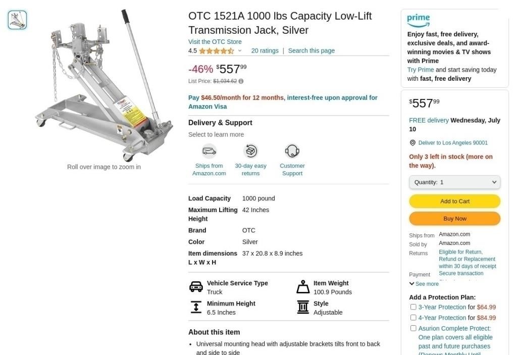 B7763  OTC 1521A Transmission Jack 1000 lbs