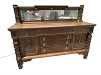 HEAVY CARVED OAK BUFFET WITH MIRROR