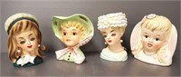 4 vintage lady head vases - 2 with earrings - 6"