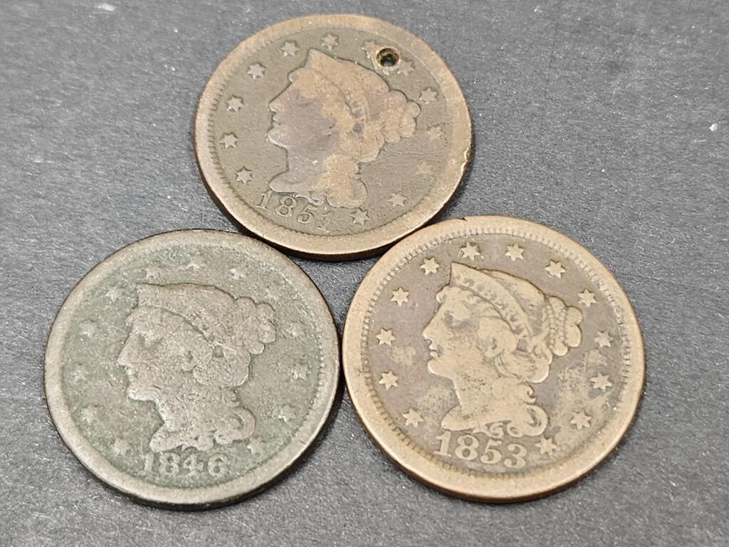 3 Large Cents One with( Hole 1851) 46, 53