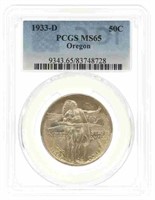 1933-D US OREGON 50C SILVER COIN PCGS MS65