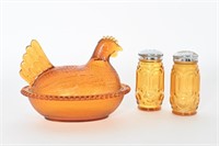 Vintage Amber Glass Hen On Nest & Salt/Pepper