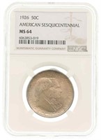 1926 US SESQUICENTENNIAL 50C SILVER COIN NGC MS 64